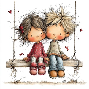 May include: A whimsical illustration of two cartoon children sitting together on a wooden swing. The girl wears a red dress with heart patterns, and the boy wears a sweater and blue jeans. Red hearts float around them, creating a romantic and playful scene.