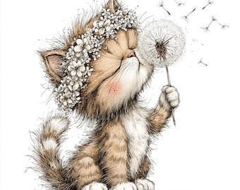 44 JPG Whimsical Cat Clipart - Süße Frühlingskatze mit weißer Blumenkrone JPG - Schrulle Katzenkunst für Basteln, Karten und Aufkleber - Kommerzielle Nutzung