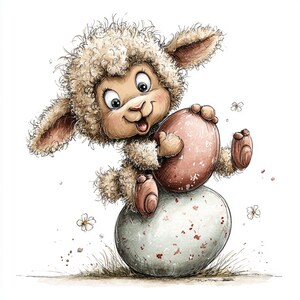 May include: A cartoon illustration of a cheerful lamb sitting on a large egg. The lamb is holding a smaller, speckled egg. The image has a soft, watercolor style with pastel colors, perfect for Easter-themed products.