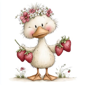 May include: A charming cartoon duck with white feathers, a brown beak, and pink cheeks, wearing a floral crown. The duck holds three ripe red strawberries in its wings. The illustration has a whimsical, hand-drawn style, perfect for children's decor.