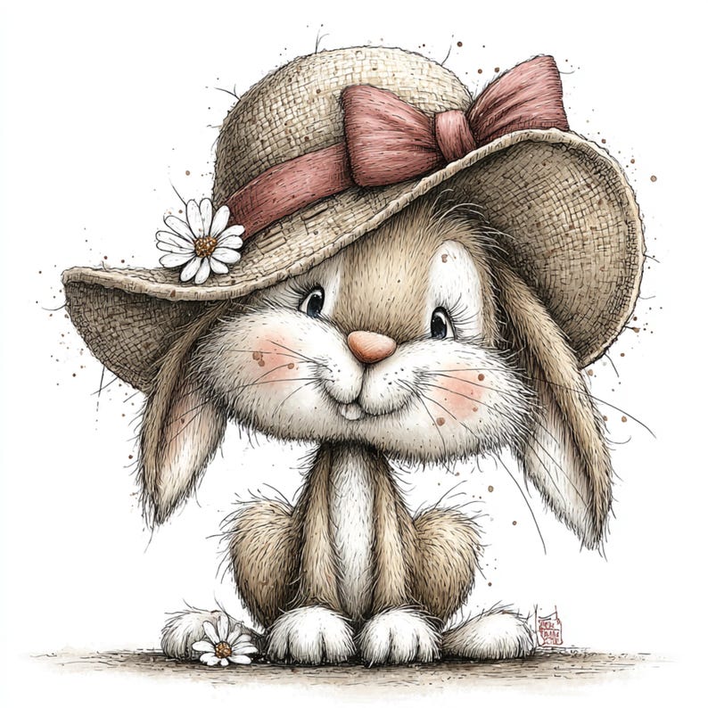 May include: A charming illustration of a bunny wearing a straw hat with a pink bow and a daisy. The bunny has soft brown fur, rosy cheeks, and a sweet smile. A daisy sits on the hat and another at the bunny's feet. The artwork has a watercolor style.