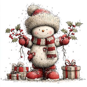 Puede incluir: Ilustraci&oacute;n de un mu&ntilde;eco de nieve caprichoso, ideal para la temporada navide&ntilde;a. El mu&ntilde;eco de nieve est&aacute; adornado con una bufanda, gorro y mitones a rayas rojas y blancas. Sostiene ramas de acebo con bayas rojas.