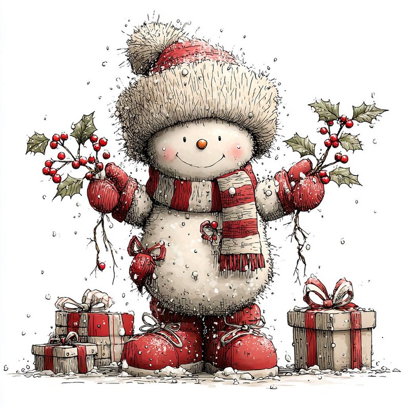 Puede incluir: Ilustraci&oacute;n de un mu&ntilde;eco de nieve caprichoso, ideal para la temporada navide&ntilde;a. El mu&ntilde;eco de nieve est&aacute; adornado con una bufanda, gorro y mitones a rayas rojas y blancas. Sostiene ramas de acebo con bayas rojas.