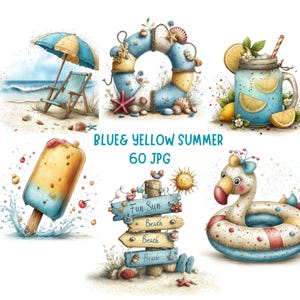 May include: Watercolor illustrations of summer-themed items in blue and yellow. Includes a beach scene with an umbrella and chair, a life preserver, a popsicle, a drink in a mason jar, a signpost, and a flamingo pool float.