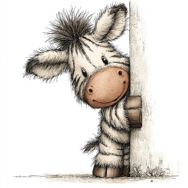 May include: A whimsical illustration of a zebra peeking around a wooden post. The zebra has a fluffy mane, large ears, and a friendly smile. Its body is white with black stripes, and it has a brown nose and feet. The artwork is done in a soft, watercolor style.
