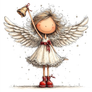 May include: A charming illustration of an angel with large white wings, wearing a white dress with a red bow and red boots. The angel is holding a golden bell with a red ribbon, smiling, and surrounded by stars.