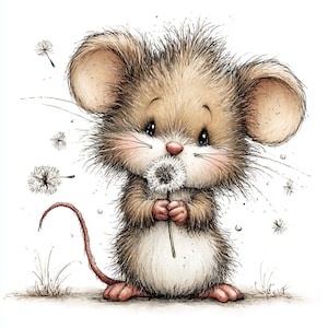 May include: A cute cartoon mouse illustration holding a dandelion. The mouse has brown fur, big ears, and pink nose and paws. Dandelion seeds float around the mouse, creating a whimsical scene. The artwork is done in a soft, watercolour style.