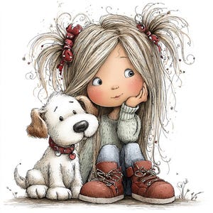 May include: Illustration of a girl with long blonde hair and a white puppy. The girl is wearing a light green sweater, blue jeans, and brown boots. The puppy has brown ears and a red collar. The image has a whimsical, cartoonish style.