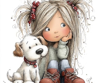 48 JPG Whimsical Girl & Dog Love Clipart: Sweet Graphics (Digital Download)