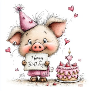 May include: A charming illustration of a pig in a party hat and pink overalls, holding a "Happy Birthday" sign. A two-tiered pink cake with strawberries and a lit candle is next to the pig, with heart-shaped balloons floating above.