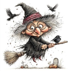 Puede incluir: Una ilustración de dibujos animados de una bruja con cabello gris desordenado, gafas redondas y un vestido oscuro desgarrado volando sobre una escoba de madera. Tres cuervos negros aparecen junto a calabazas y una lápida en el suelo.
