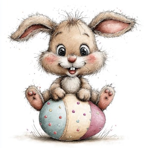 Può includere: Illustrazione ad acquerello di un simpatico coniglietto seduto su un uovo di Pasqua colorato. Il coniglietto ha il pelo marrone, le guance rosa e grandi occhi scuri. L'uovo è decorato con colori pastello e pois, creando un'immagine allegra e festosa.