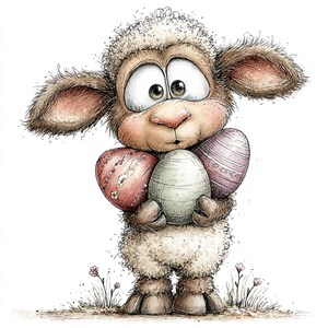 May include: A cartoon illustration of a sheep holding three decorated Easter eggs. The sheep has large eyes, pink cheeks, and fluffy wool. The eggs are pink, green, and purple, with various patterns. The image has a whimsical, springtime theme.