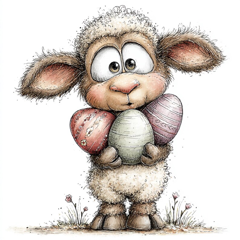 May include: A cartoon illustration of a sheep holding three decorated Easter eggs. The sheep has large eyes, pink cheeks, and fluffy wool. The eggs are pink, green, and purple, with various patterns. The image has a whimsical, springtime theme.