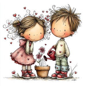 May include: A whimsical illustration of two cartoon figures, a girl and a boy, tending to a potted flower. The girl wears a pink dress with heart accents, and the boy waters the plant with a red watering can. Red hearts float around them, creating a romantic theme.