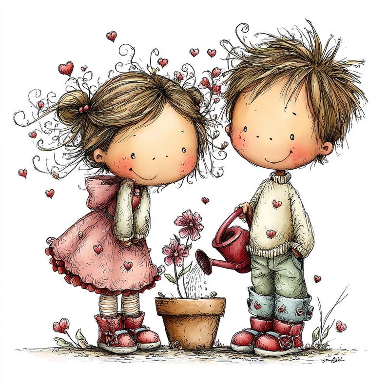 May include: A whimsical illustration of two cartoon figures, a girl and a boy, tending to a potted flower. The girl wears a pink dress with heart accents, and the boy waters the plant with a red watering can. Red hearts float around them, creating a romantic theme.