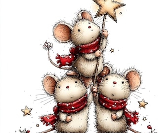 Whimsical Mouse Christmas Clipart – Cute Festive Holiday Graphics – Digital JPG Download