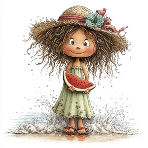 Op de afbeelding: Cartoon illustratie van een meisje met een strohoed met een rood lint en een groene jurk, met een stuk watermeloen. Het meisje heeft krullend bruin haar en staat voor een plons water, met een strand op de achtergrond.