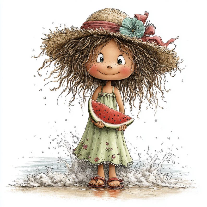 Op de afbeelding: Cartoon illustratie van een meisje met een strohoed met een rood lint en een groene jurk, met een stuk watermeloen. Het meisje heeft krullend bruin haar en staat voor een plons water, met een strand op de achtergrond.