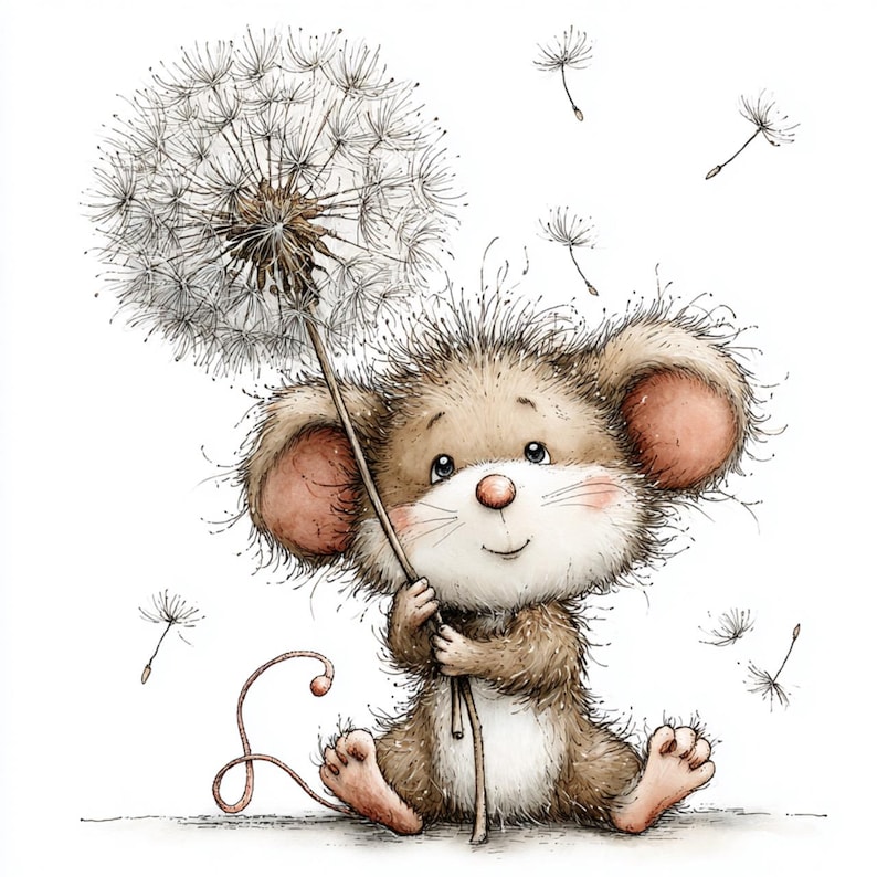 May include: A charming illustration of a cartoon mouse clutching a dandelion. The mouse, with brown fur and pink ears, is seated. Dandelion seeds drift in the air, set against a white backdrop.