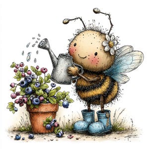 May include: A whimsical illustration of a cartoon bee watering a blueberry plant. The bee, with a flower in its hair, wears blue boots and holds a silver watering can. The plant is in a terracotta pot, with blueberries and pink berries.