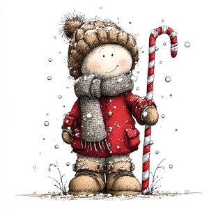 Op de afbeelding: Een cartoon illustratie van een sneeuwpop met een rode jas, bruine hoed en sjaal, die een rood-witte gestreepte zuurstok vasthoudt. Sneeuwvlokken vallen rond de sneeuwpop. De sneeuwpop draagt bruine laarzen.