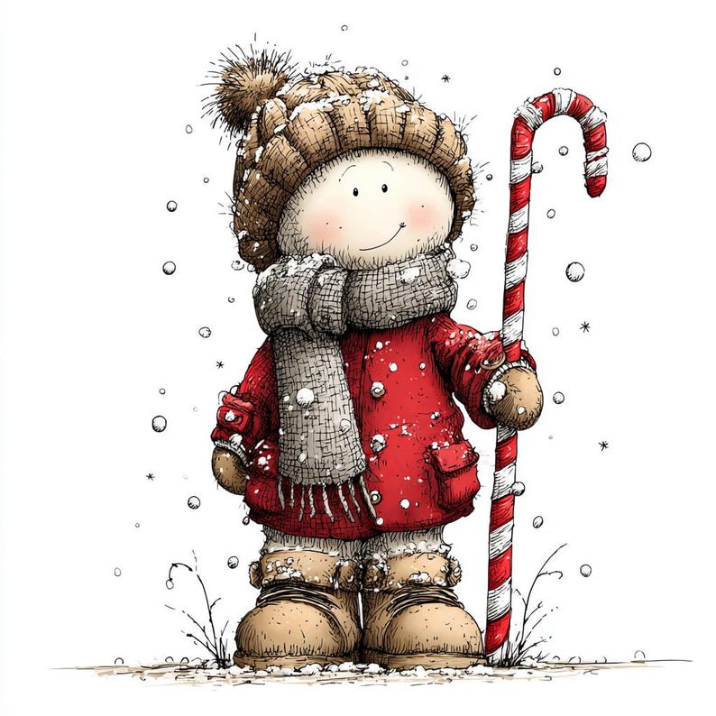 Op de afbeelding: Een cartoon illustratie van een sneeuwpop met een rode jas, bruine hoed en sjaal, die een rood-witte gestreepte zuurstok vasthoudt. Sneeuwvlokken vallen rond de sneeuwpop. De sneeuwpop draagt bruine laarzen.
