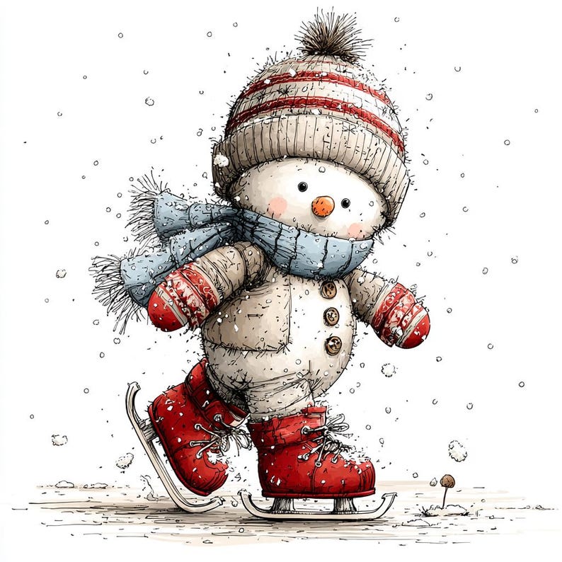 Puede incluir: Ilustraci&oacute;n caprichosa de un mu&ntilde;eco de nieve patinando sobre hielo. El mu&ntilde;eco de nieve lleva un gorro a rayas, una bufanda azul y guantes y patines rojos. El mu&ntilde;eco de nieve tiene una nariz de zanahoria y ojos de bot&oacute;n. Cae nieve.