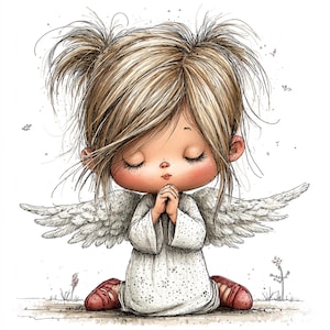 May include: A watercolour illustration of a young angel kneeling with hands clasped in prayer. The angel has blonde hair in pigtails, closed eyes, and wears a white robe and red shoes. White feathered wings are spread behind the angel.