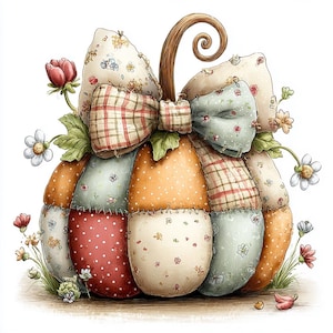 May include: A decorative patchwork pumpkin with a large bow and a curly stem. The pumpkin is made of various fabrics with floral and plaid patterns in shades of orange, red, and green. Small flowers and leaves surround the pumpkin.
