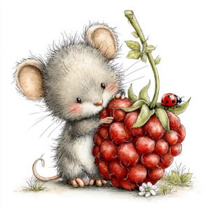 May include: A watercolor illustration of a cute mouse with gray fur, holding a large red raspberry. A red ladybug sits on a green leaf next to the raspberry. The mouse has pink cheeks and is looking at the raspberry.