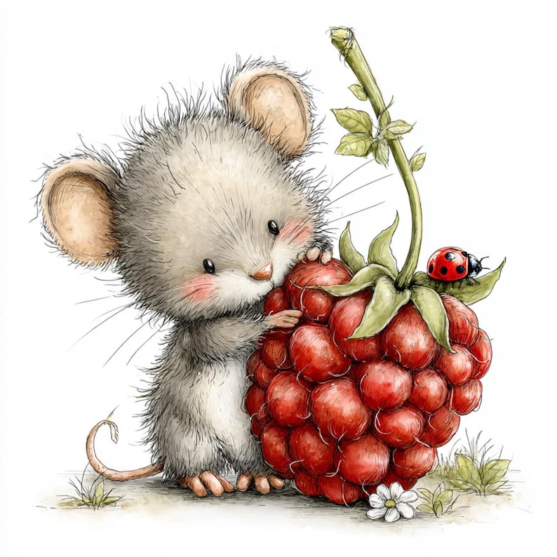 May include: A watercolor illustration of a cute mouse with gray fur, holding a large red raspberry. A red ladybug sits on a green leaf next to the raspberry. The mouse has pink cheeks and is looking at the raspberry.