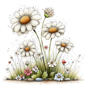 Peut inclure: Illustration &agrave; l'aquarelle de marguerites et de fleurs sauvages. L'image pr&eacute;sente de grandes marguerites blanches avec des centres jaunes, de plus petites fleurs roses et blanches, et de l'herbe verte. L'&oelig;uvre a un style doux et fantaisiste sur fond blanc.