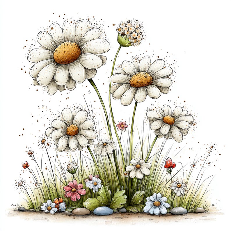 Peut inclure: Illustration &agrave; l'aquarelle de marguerites et de fleurs sauvages. L'image pr&eacute;sente de grandes marguerites blanches avec des centres jaunes, de plus petites fleurs roses et blanches, et de l'herbe verte. L'&oelig;uvre a un style doux et fantaisiste sur fond blanc.