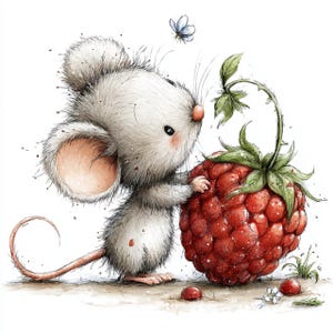 May include: A watercolor illustration of a cute white mouse with large ears and a pink nose, standing next to a large, ripe red raspberry. A small blue butterfly hovers nearby. The mouse appears to be admiring the fruit.