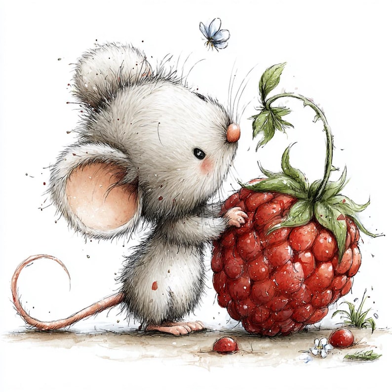 May include: A watercolor illustration of a cute white mouse with large ears and a pink nose, standing next to a large, ripe red raspberry. A small blue butterfly hovers nearby. The mouse appears to be admiring the fruit.