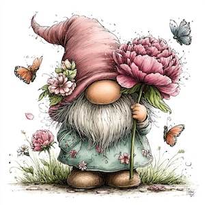 May include: A charming illustration of a garden gnome holding a large pink peony. The gnome is wearing a pink hat and a teal tunic decorated with pink flowers. Butterflies are shown fluttering around the gnome and flowers, creating a fairytale scene.