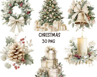 May include: A collection of Christmas-themed digital illustrations featuring a wreath, a decorated tree with gifts, a bell with a bow, a pinecone arrangement, a stack of wrapped presents, and a candle, with the text CHRISTMAS 30 PNG in the centre.