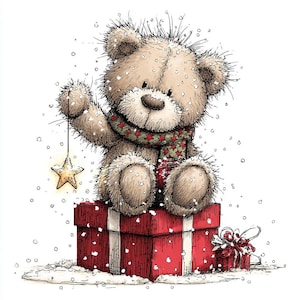 K&ouml;nnte beinhalten: Eine Illustration eines Teddyb&auml;ren mit einem Schal mit roten Sternen, der auf einer roten Geschenkbox sitzt. Der B&auml;r h&auml;lt einen sternf&ouml;rmigen Schmuck, mit Schneeflocken, die um ihn herum fallen. Eine kleinere Geschenkbox mit roter Schleife ist ebenfalls vorhanden.