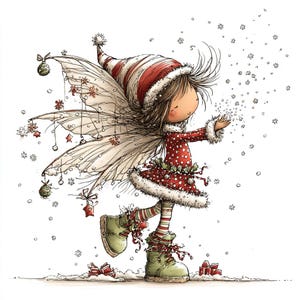 Pode incluir: Ilustração fantasiosa de uma fada em um vestido de bolinhas vermelho e branco e um chapéu listrado, adornada com flocos de neve e enfeites. A fada usa botas verdes e está cercada por flocos de neve caindo, criando uma cena festiva de inverno.