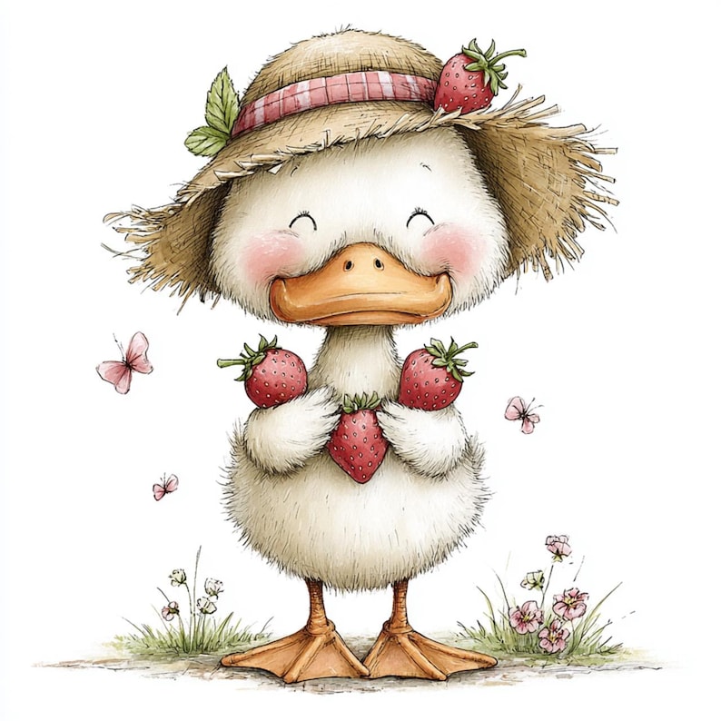 May include: A charming illustration of a duck wearing a straw hat adorned with strawberries and a pink ribbon. The duck is holding three ripe strawberries and has rosy cheeks. Pink butterflies and flowers are scattered around the duck.
