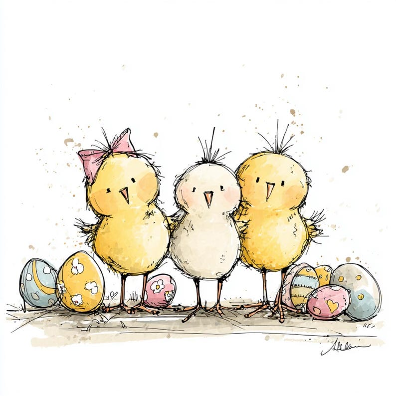 May include: An illustration of three cartoon chicks standing together, with several decorated Easter eggs in front of them. The chicks are yellow and white, with one wearing a pink bow. The eggs are pastel colors with floral and geometric designs.