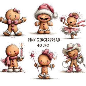 Puede incluir: Seis ilustraciones de personajes de pan de jengibre con detalles en rosa, incluyendo uno con lazo, gorro de Papá Noel, regalo, vela, varita de estrella y sombrero de vaquero. El texto dice PINK GINGERBREAD 40 JPG.