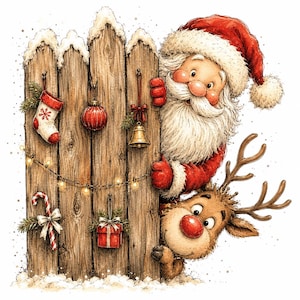 Op de afbeelding: Een houten hek versierd met een kerstsok, een rode kerstbal, een gouden bel, een zuurstok en een cadeautje. De Kerstman en een rendier met een rode neus kijken vanachter het hek, dat is versierd met een lichtsnoer met warm wit licht.