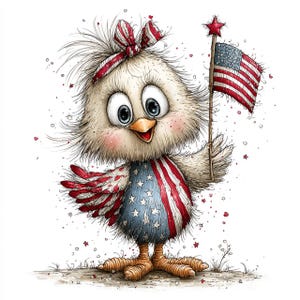 Pode incluir: Uma ilustração de desenho animado de um pintinho branco fofo com um tema patriótico vermelho, branco e azul. O pintinho usa um laço e um vestido com o desenho da bandeira americana e segura uma pequena bandeira americana. O pintinho tem olhos grandes e azuis e uma expressão feliz.