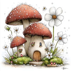 May include: A whimsical illustration of mushroom houses with red-capped roofs dotted with white spots. The houses have wooden doors and windows, surrounded by white daisies and green grass. Small flower baskets adorn the walls, creating a fairy tale scene.