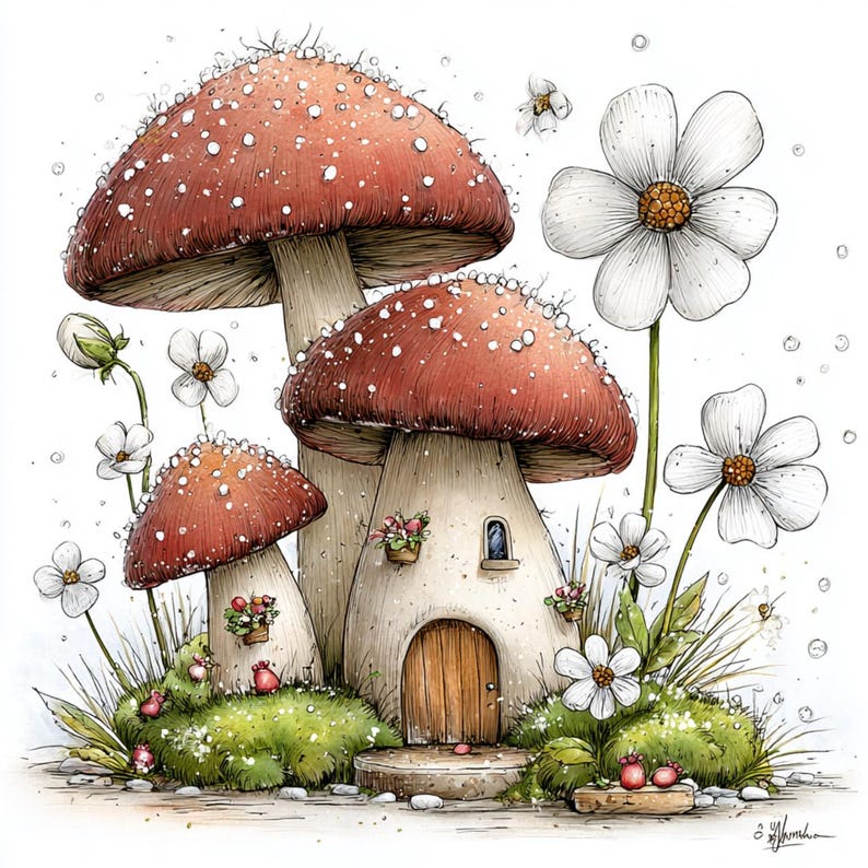 May include: A whimsical illustration of mushroom houses with red-capped roofs dotted with white spots. The houses have wooden doors and windows, surrounded by white daisies and green grass. Small flower baskets adorn the walls, creating a fairy tale scene.