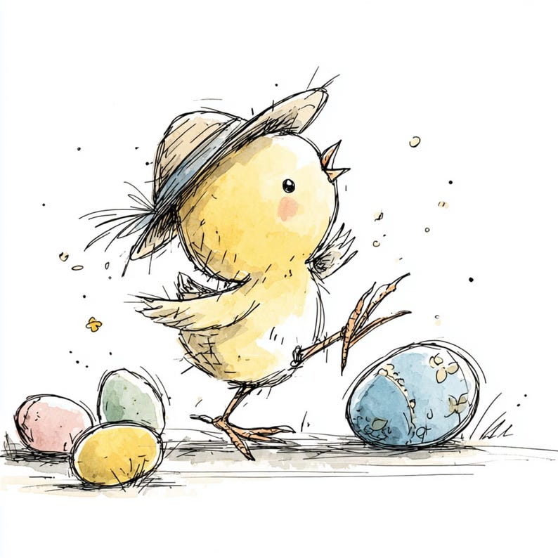 May include: A whimsical illustration of a yellow chick wearing a straw hat, kicking its leg up near a blue Easter egg. Several pastel-colored eggs are scattered nearby, creating a cheerful, springtime scene.