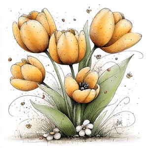 Puede incluir: Ilustraci&oacute;n en acuarela de un ramo de tulipanes amarillos con hojas y tallos verdes. Las flores tienen un aspecto texturizado con peque&ntilde;os puntos, sobre un fondo blanco. Peque&ntilde;as flores blancas y detalles dispersos completan el tema floral.
