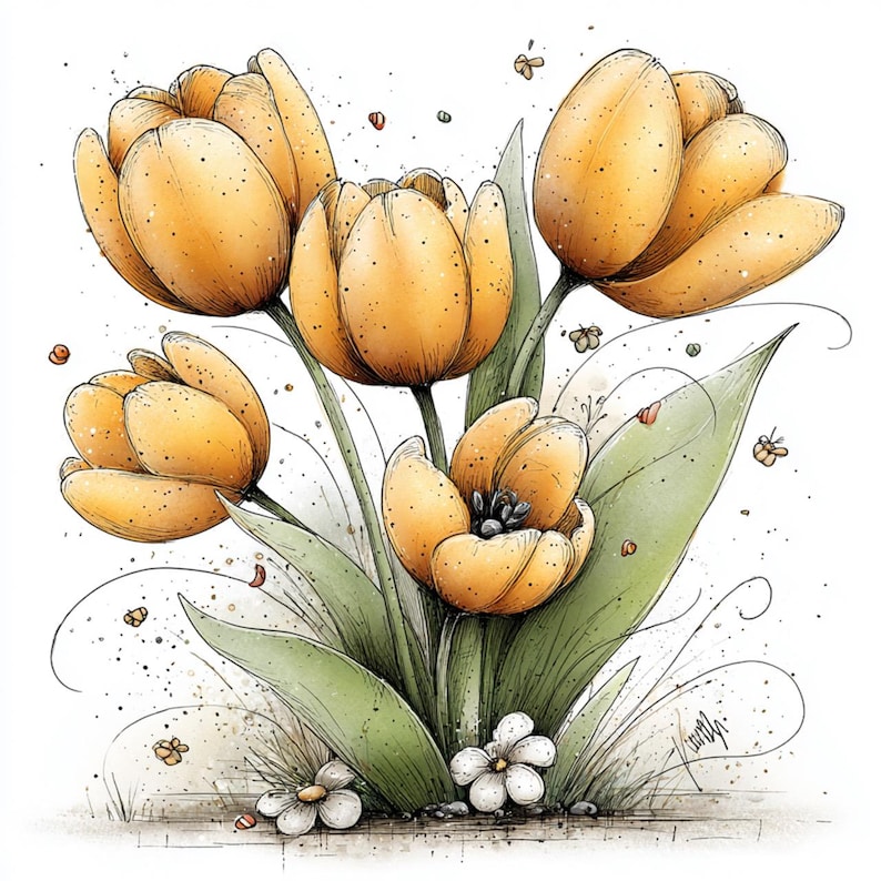 Puede incluir: Ilustraci&oacute;n en acuarela de un ramo de tulipanes amarillos con hojas y tallos verdes. Las flores tienen un aspecto texturizado con peque&ntilde;os puntos, sobre un fondo blanco. Peque&ntilde;as flores blancas y detalles dispersos completan el tema floral.
